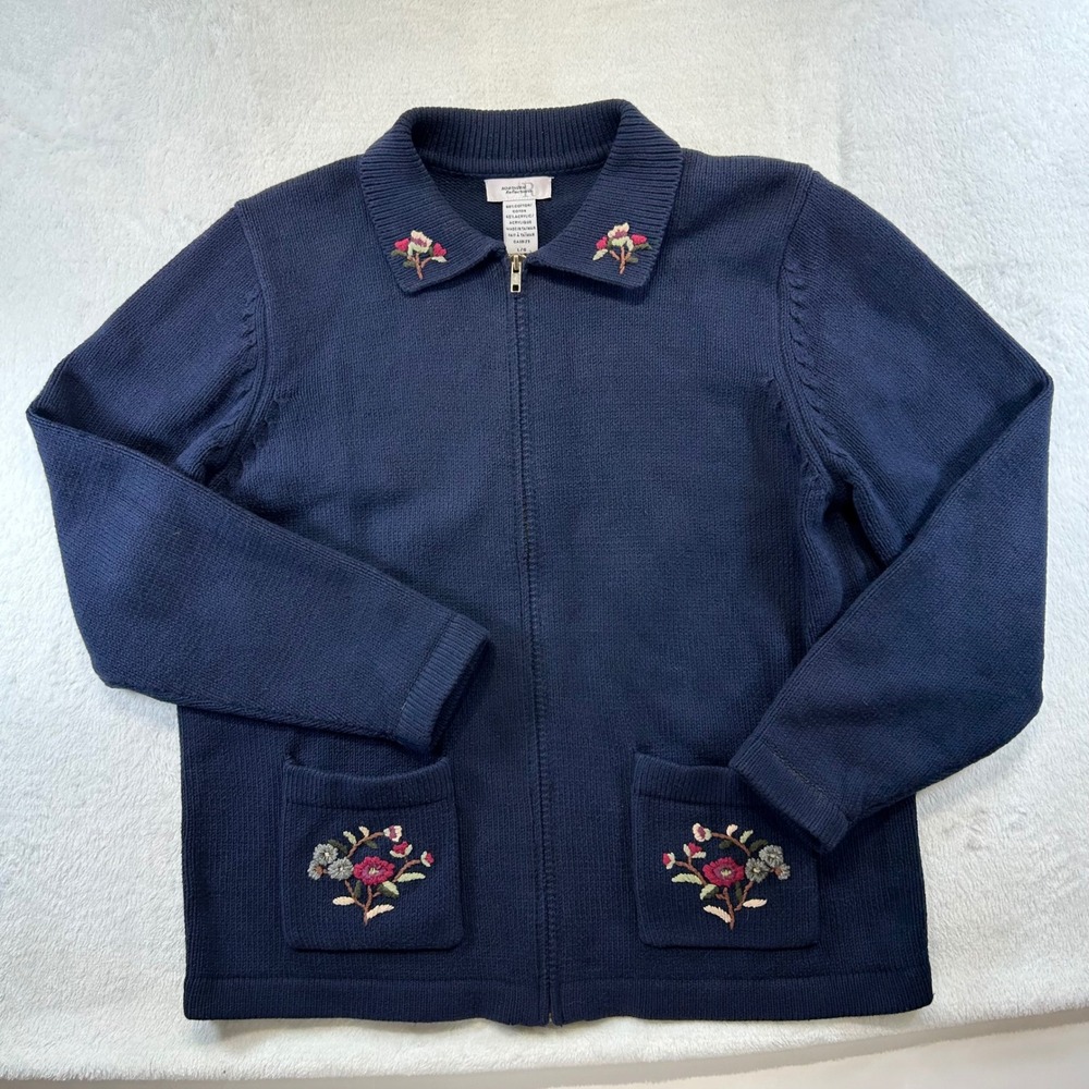 VTG Northern Reflections Cottagecore Floral Zip Up Cardigan Sweater Large Blue